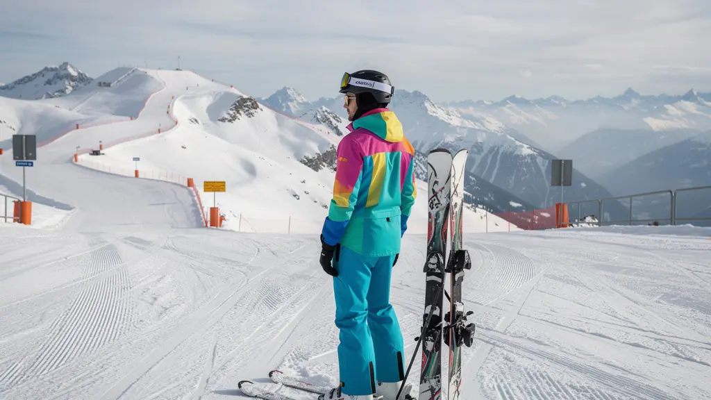 Skieur contemplant différentes directions pistes Courchevel depuis carrefour