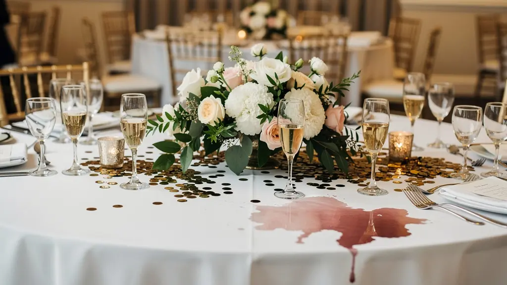 Table de réception festive avec tache de vin sur nappe blanche illustrant un incident courant