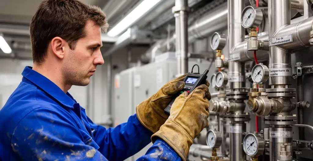 Technicien inspectant une chaudière biomasse industrielle (Fonds Chaleur entreprise)