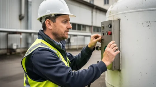 Technicien inspectant une citerne de gaz propane dans une cour d'entreprise industrielle