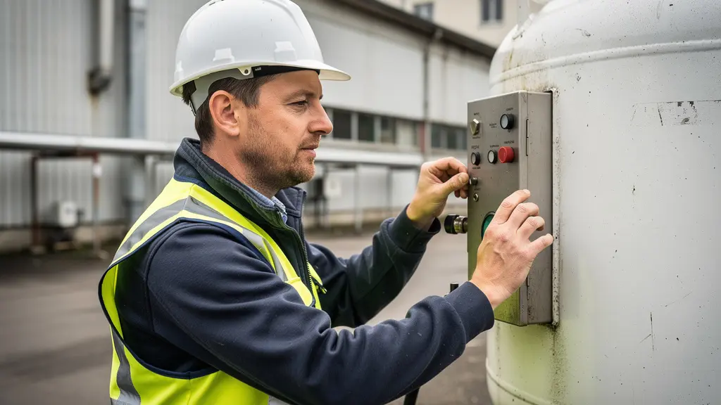 Technicien inspectant une citerne de gaz propane dans une cour d'entreprise industrielle