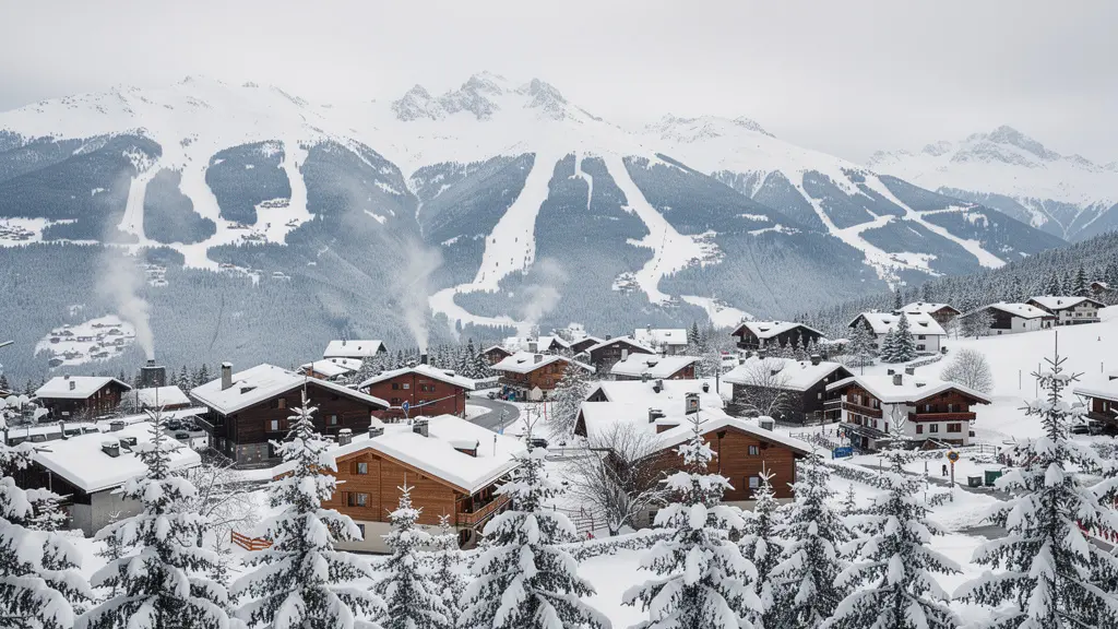 Village de ski alpin Courchevel niché dans vallée enneigée avec chalets traditionnels
