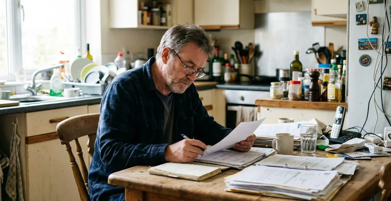 Un homme d'une quarantaine d'années consulte des documents administratifs sur une table de cuisine, la lumière naturelle éclairant son visage concentré