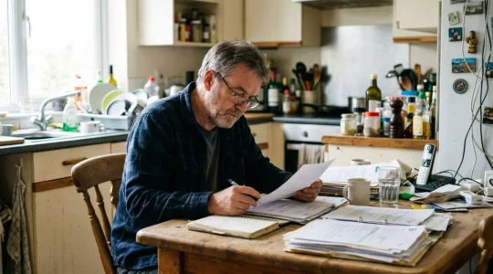 Un homme d'une quarantaine d'années consulte des documents administratifs sur une table de cuisine, la lumière naturelle éclairant son visage concentré