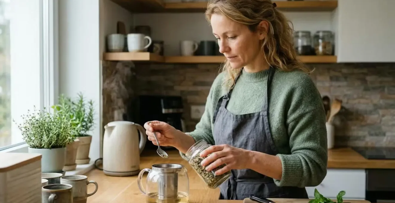 Personne préparant une tisane dans une cuisine moderne, expression apaisée