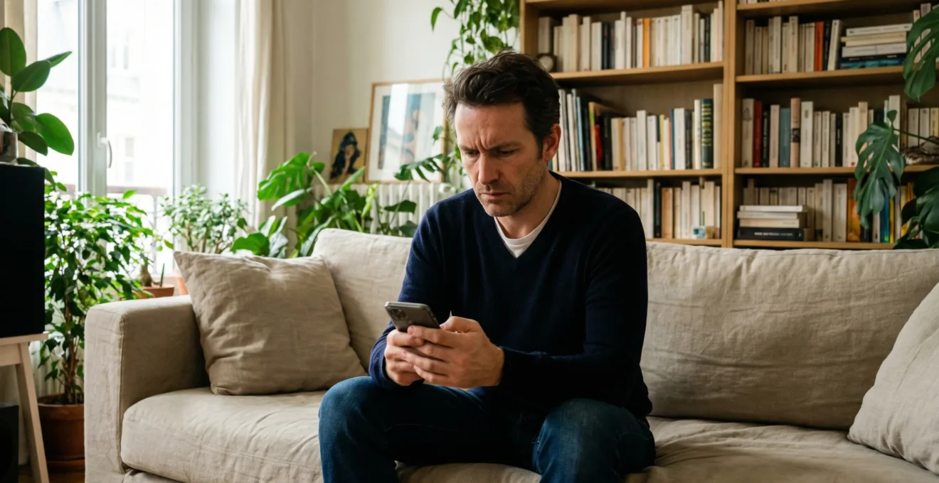 Adulte consultant des informations cannabinoïdes sur smartphone dans salon chaleureux