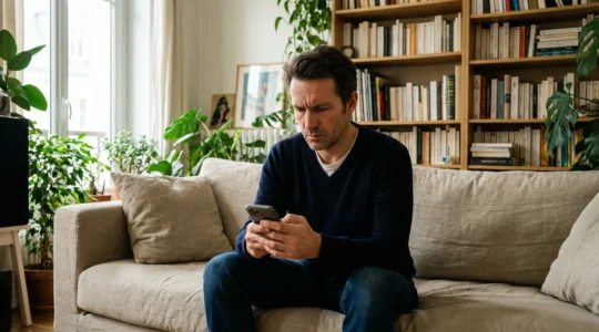 Adulte consultant des informations cannabinoïdes sur smartphone dans salon chaleureux