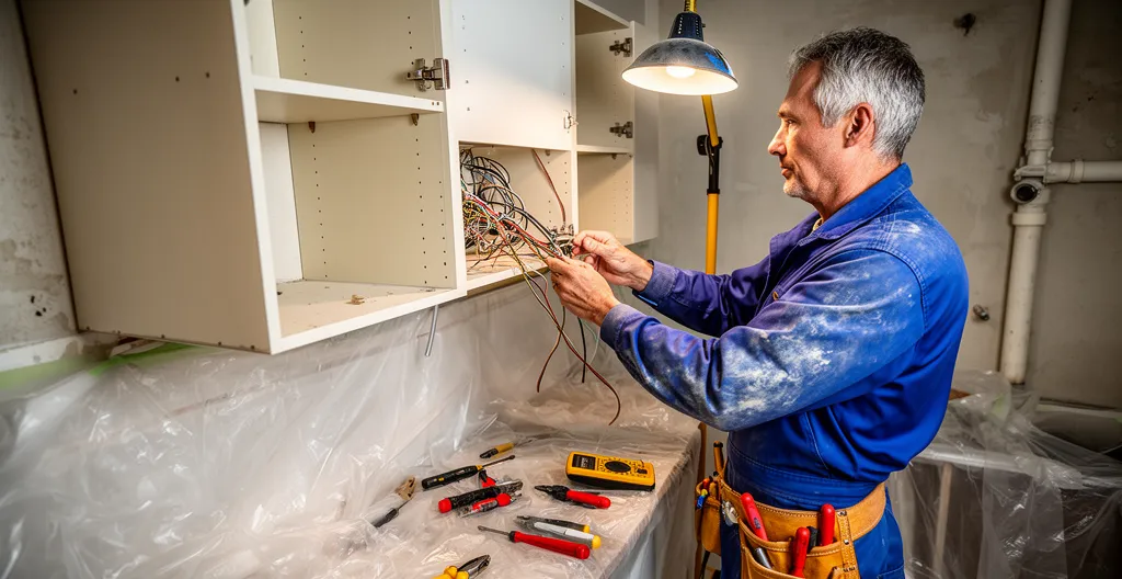Artisan inspectant une installation électrique pendant rénovation cuisine