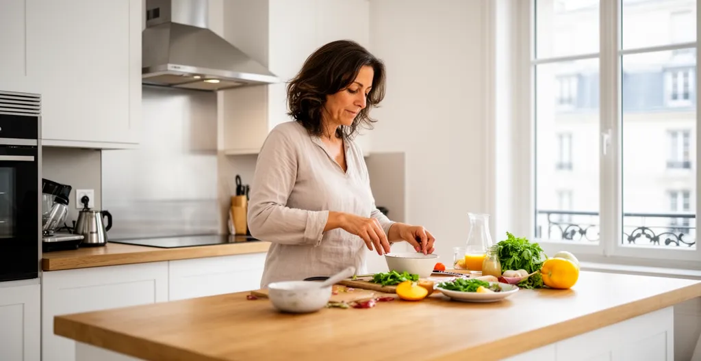 Propriétaire préparant un repas dans une cuisine contemporaine rénovée