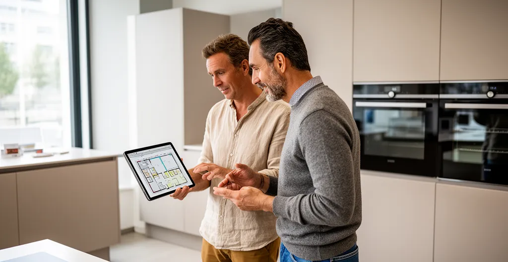 Propriétaire et cuisiniste consultant des plans de cuisine sur tablette