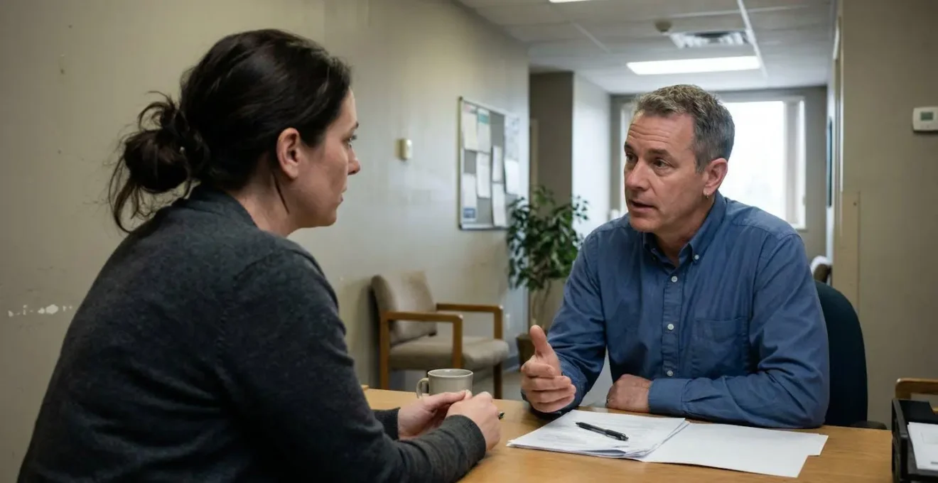 Un adulte vu de trois-quarts arrière écoute un conseiller dans un bureau d'accueil aux murs clairs, posture d'écoute attentive