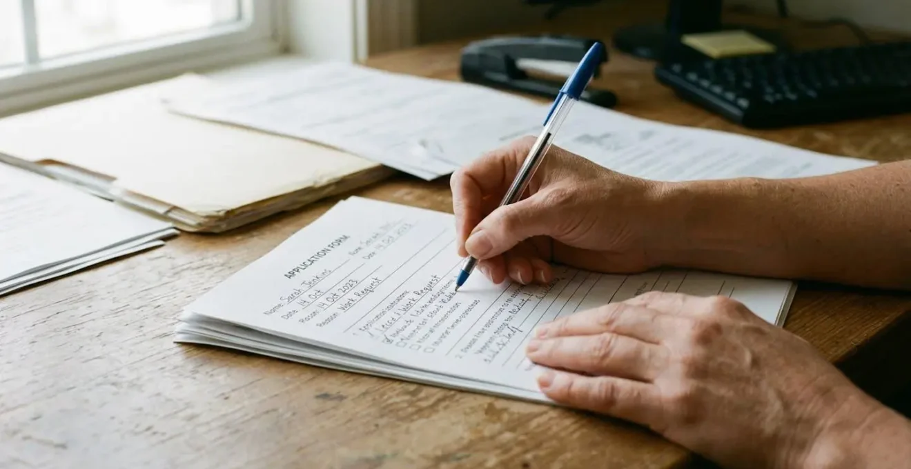 Des mains remplissent un formulaire papier avec un stylo sur une table de travail simple, quelques documents éparpillés autour