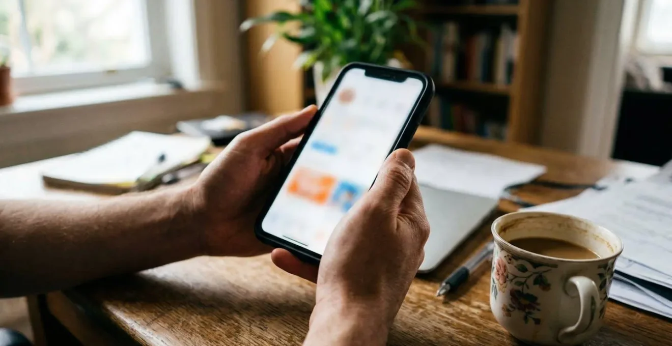 Des mains tiennent un smartphone au-dessus d'un bureau à domicile avec une tasse de café, l'écran est totalement flouté