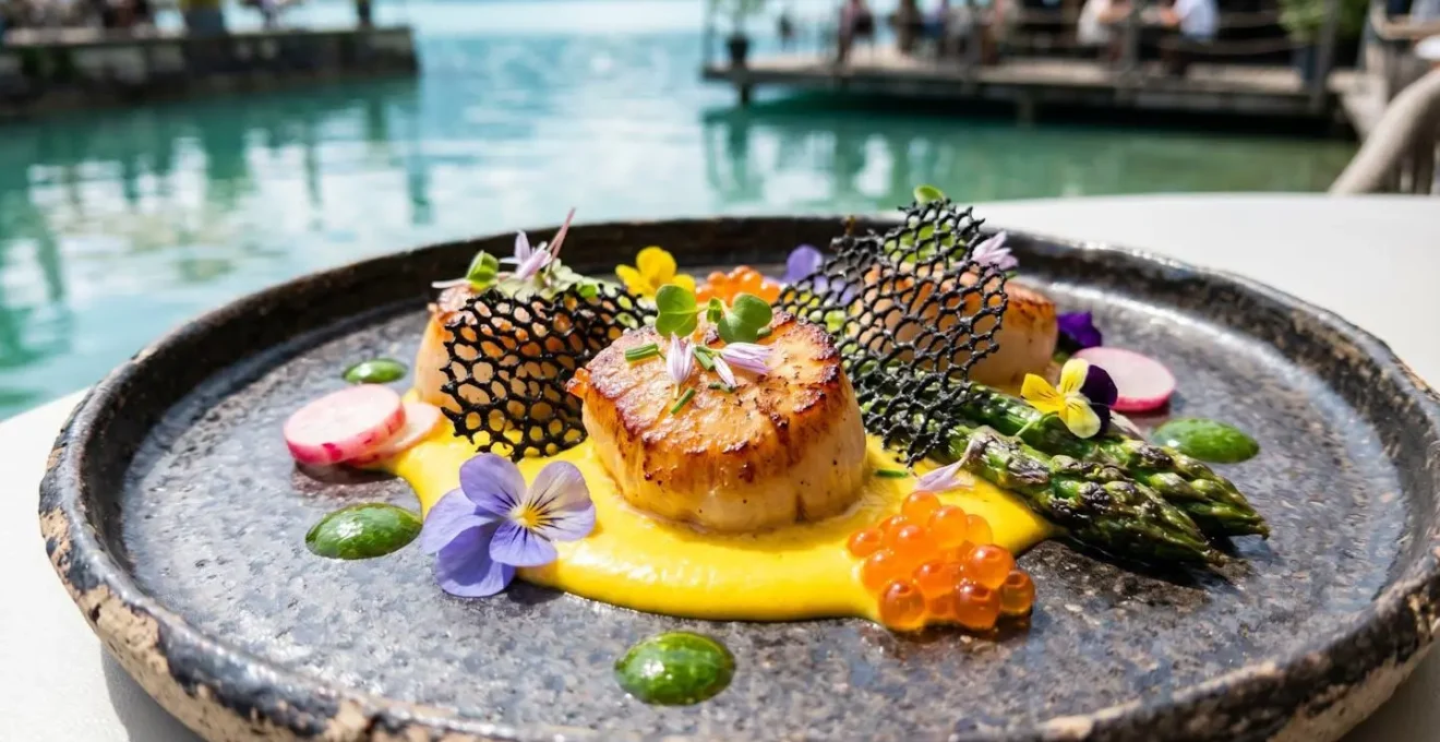 Gros plan sur assiette de cuisine créative aux couleurs vives avec reflet turquoise flou en arrière-plan évoquant l'eau du lac