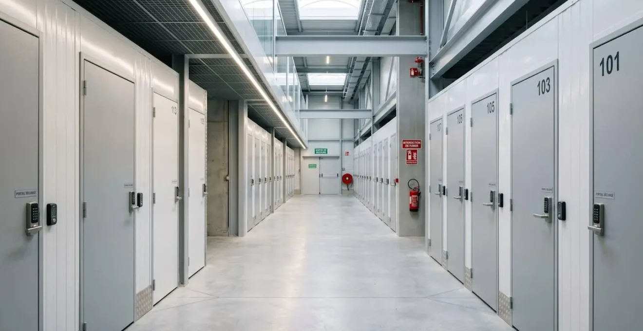 Large couloir lumineux d'un centre de self-stockage contemporain avec portes d'unités numérotées et éclairage LED
