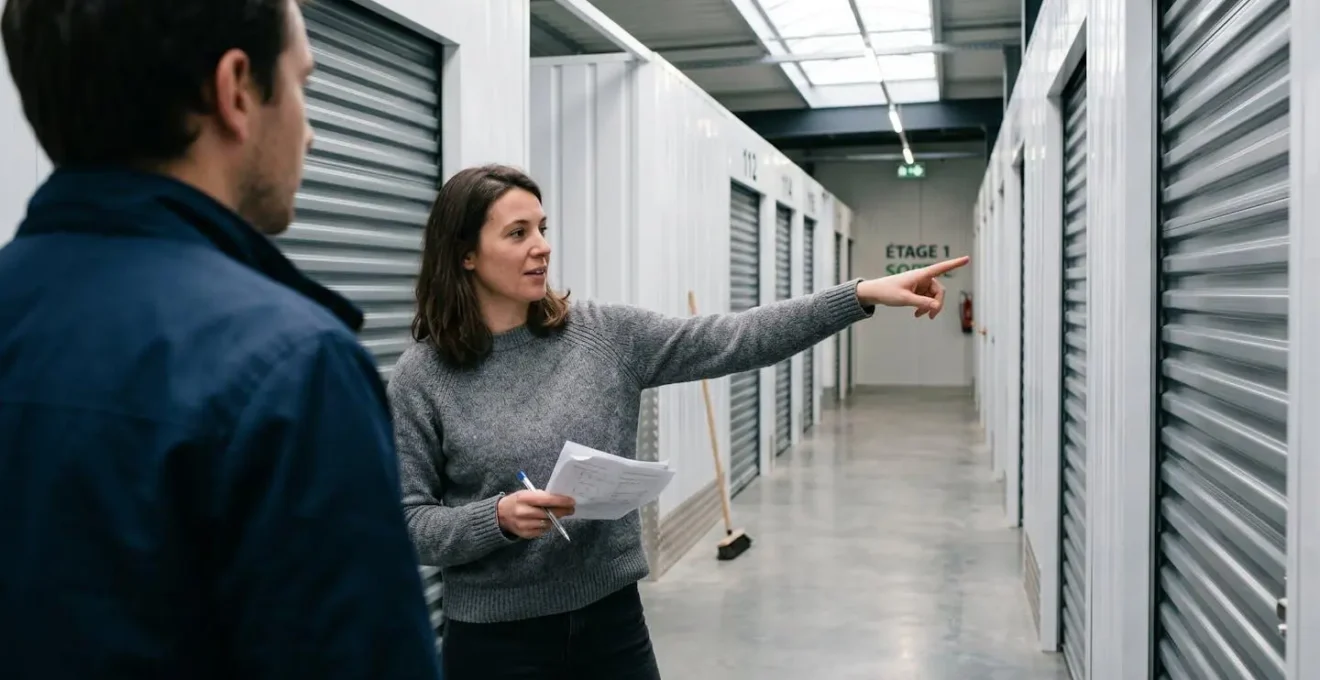 Un couple vu de dos examine des documents devant des boxes de stockage ouverts dans un centre moderne bien éclairé