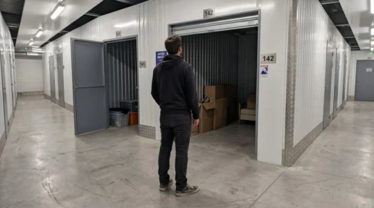 Un couple vu de dos examine des documents devant des boxes de stockage ouverts dans un centre moderne bien éclairé