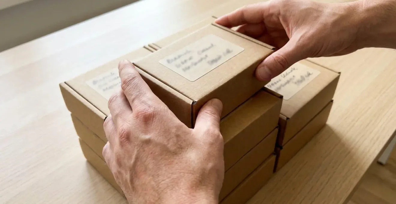 Gros plan sur des mains posant un carton étiqueté à la main sur une pile d'autres cartons dans un environnement lumineux