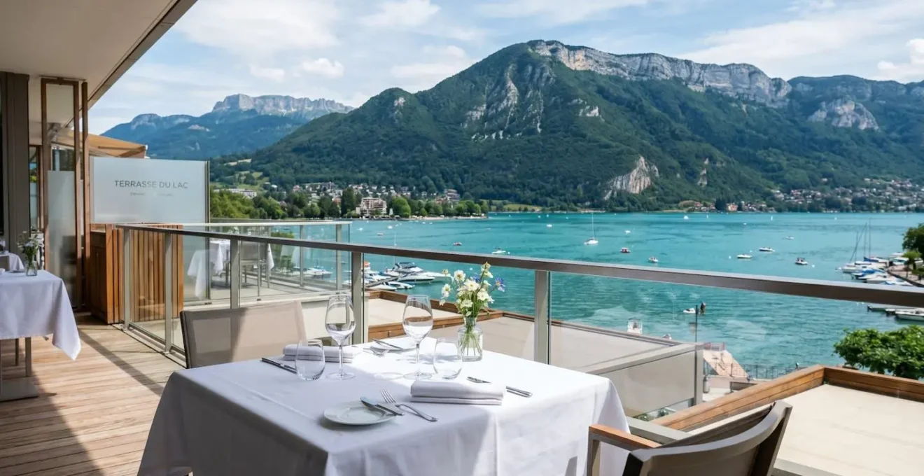 Terrasse élégante face au lac d'Annecy turquoise avec table dressée au premier plan et massif montagneux en arrière-plan sous lumière naturelle