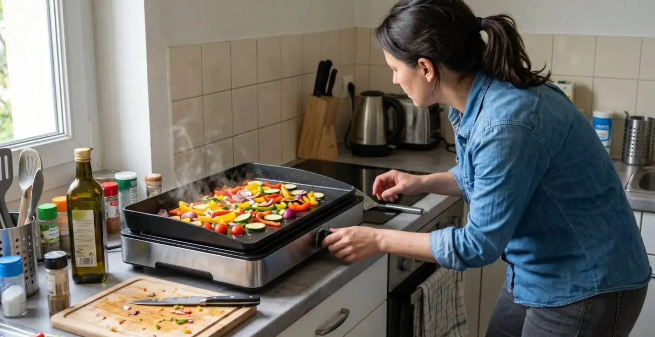 Une personne vue de dos ajuste le thermostat d'une plancha électrique pendant la cuisson de légumes sur la plaque à revêtement effet pierre dans une cuisine contemporaine avec lumière naturelle