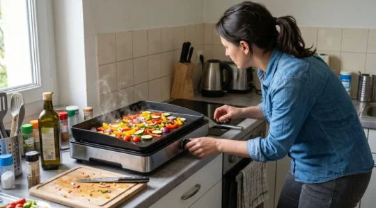 Une personne vue de dos ajuste le thermostat d'une plancha électrique pendant la cuisson de légumes sur la plaque à revêtement effet pierre dans une cuisine contemporaine avec lumière naturelle