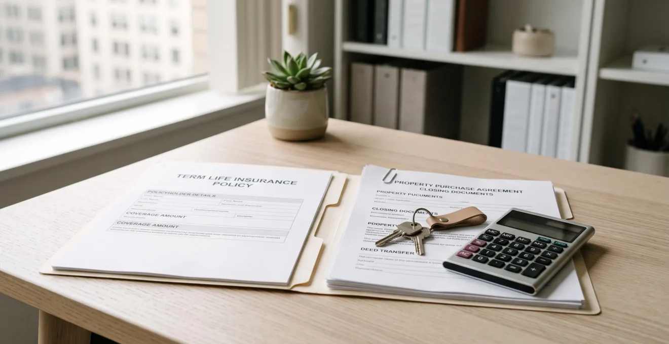 Bureau avec contrats d'assurance vie et documents immobiliers disposés côte à côte, clés et calculatrice sur une surface épurée