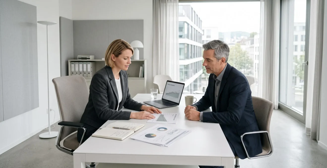 Conseiller en gestion de patrimoine travaillant avec un client dans un bureau moderne, documents d'allocation d'actifs et graphiques financiers sur le bureau