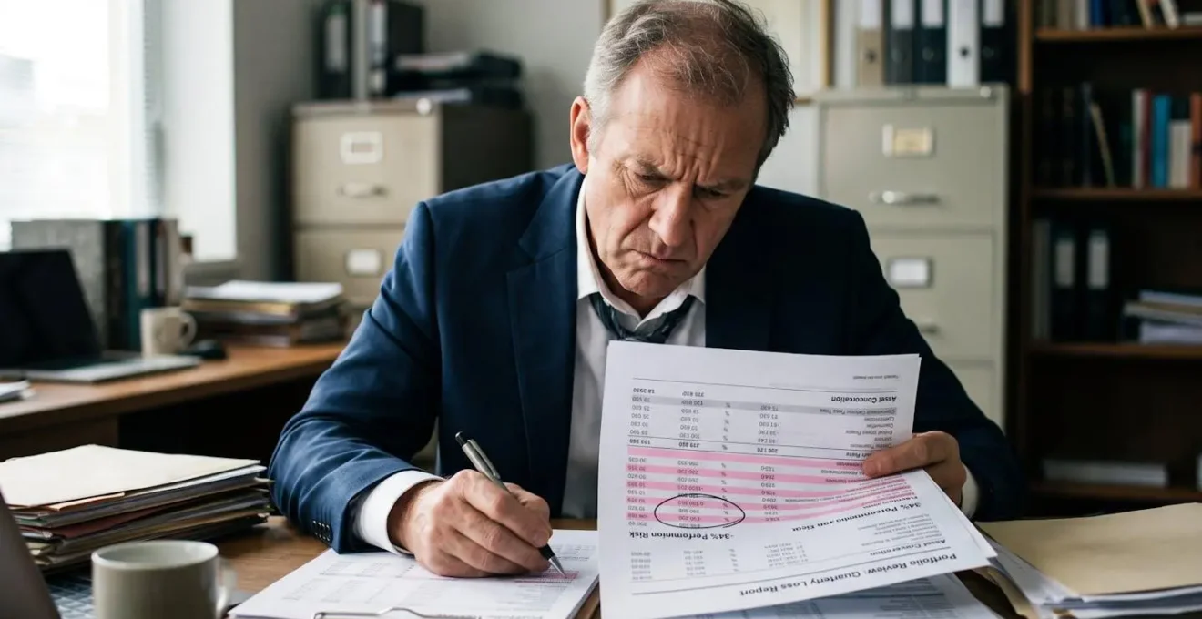 Investisseur examinant avec inquiétude des relevés de comptes montrant des pertes ou une mauvaise diversification