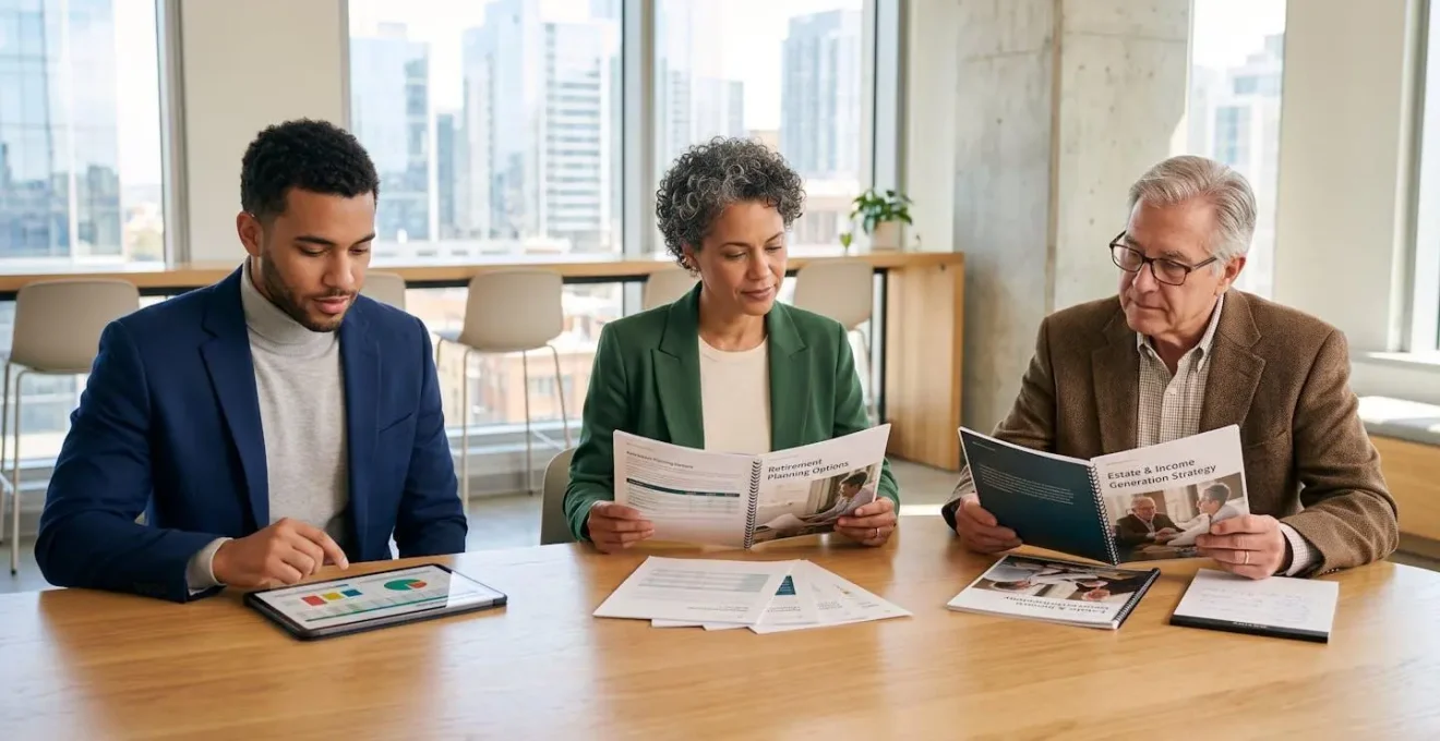 Trois personnes de différentes tranches d'âge consultant des documents d'investissement dans un environnement de conseil financier