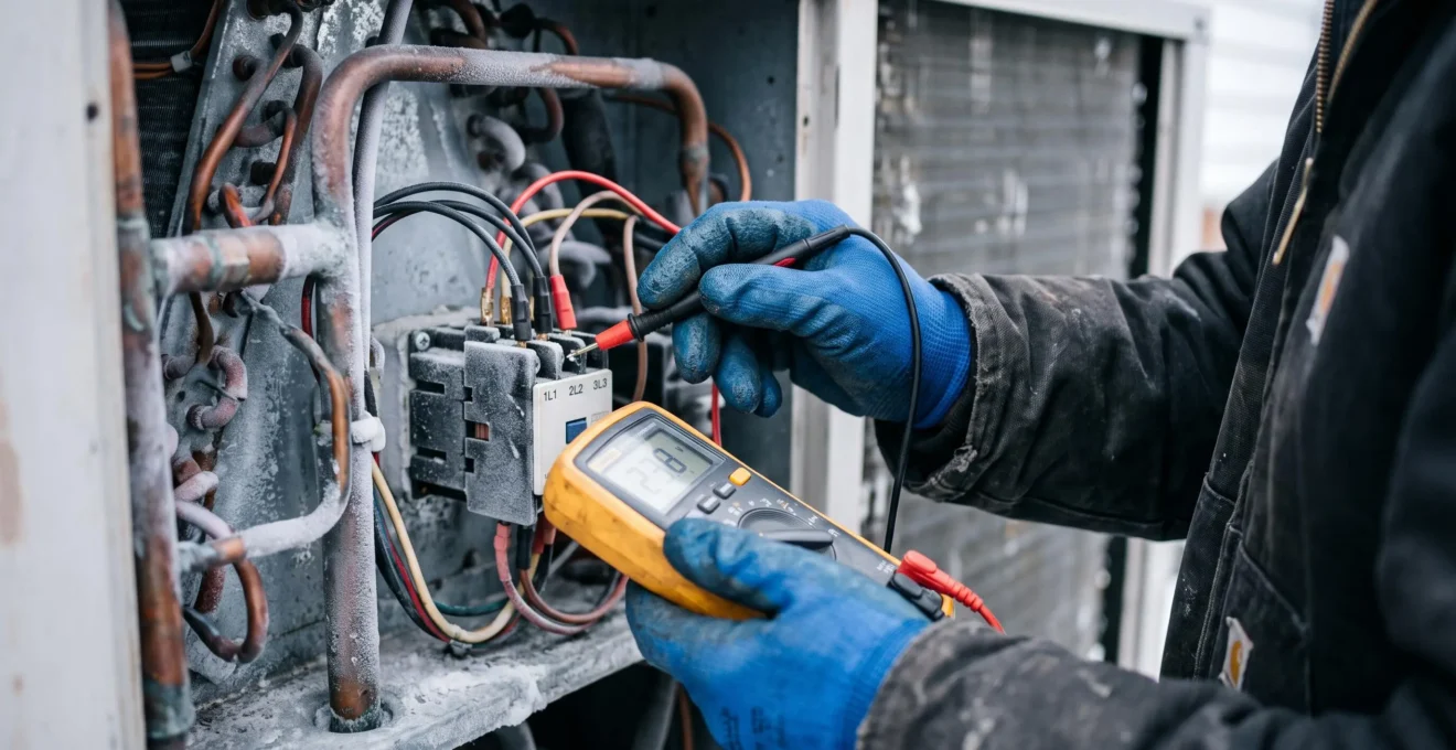 Gros plan sur les mains gantées d'un technicien utilisant un multimètre numérique pour mesurer les composants électriques à l'intérieur d'une thermopompe ouverte