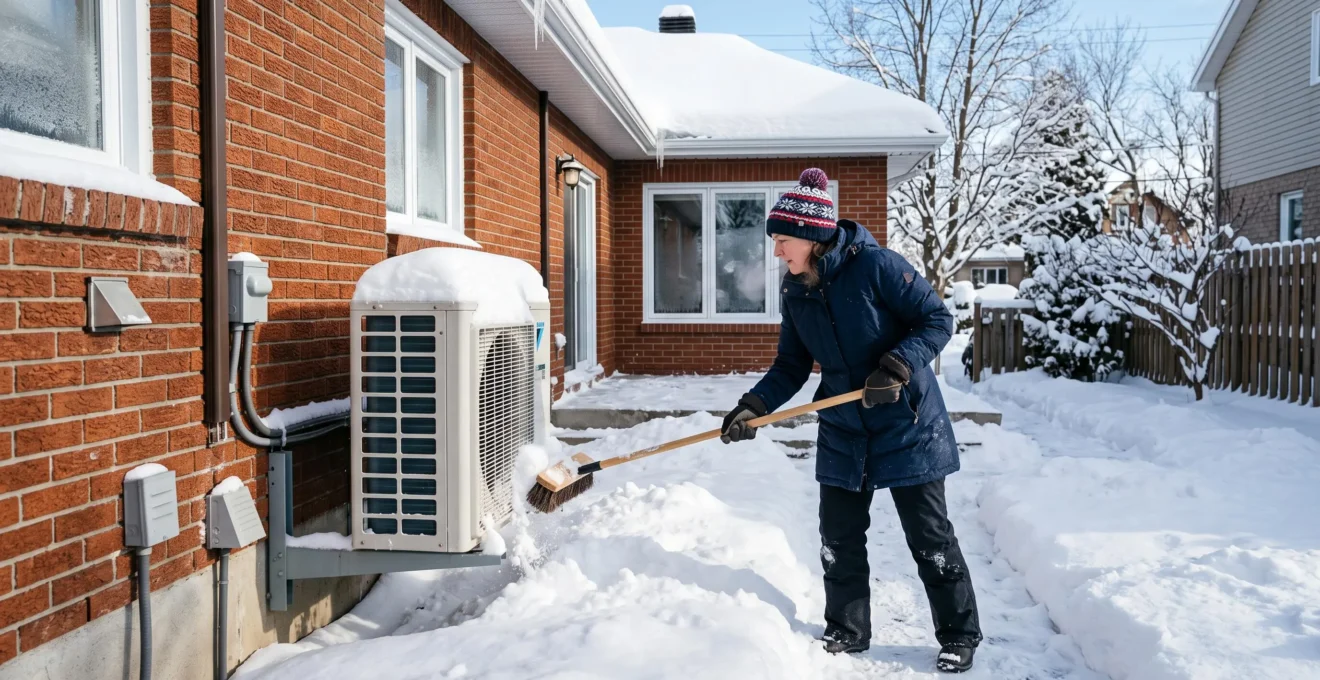 Propriétaire résidentiel dégageant la neige accumulée autour d'une thermopompe extérieure avec une brosse, dans une cour arrière en hiver québécois