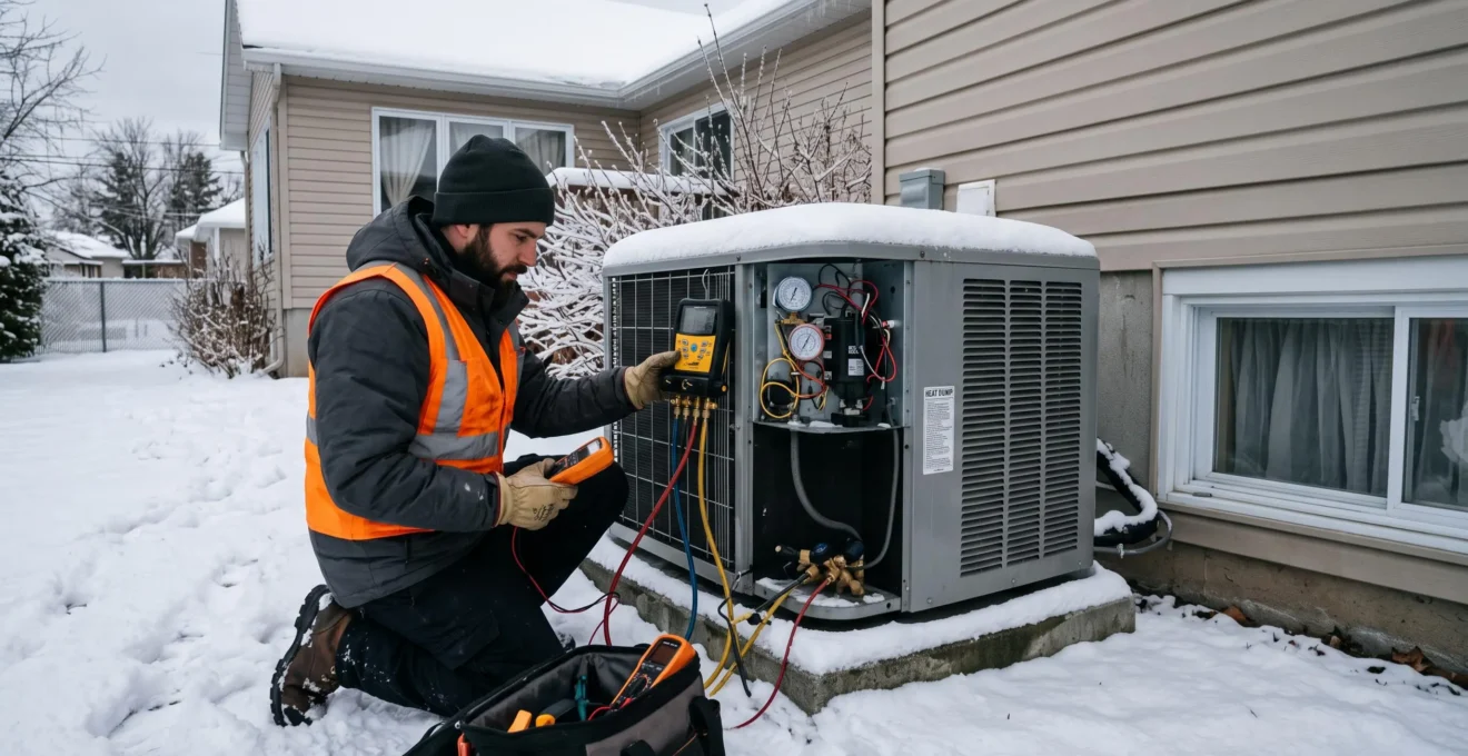 Technicien CVAC effectuant une inspection d'entretien sur une thermopompe extérieure installée sur le mur d'une maison résidentielle, en hiver au Québec, avec de la neige accumulée au sol