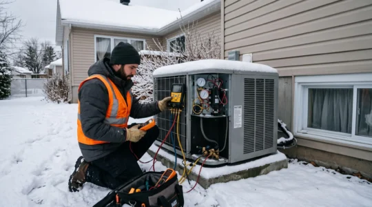 Technicien CVAC effectuant une inspection d'entretien sur une thermopompe extérieure installée sur le mur d'une maison résidentielle, en hiver au Québec, avec de la neige accumulée au sol