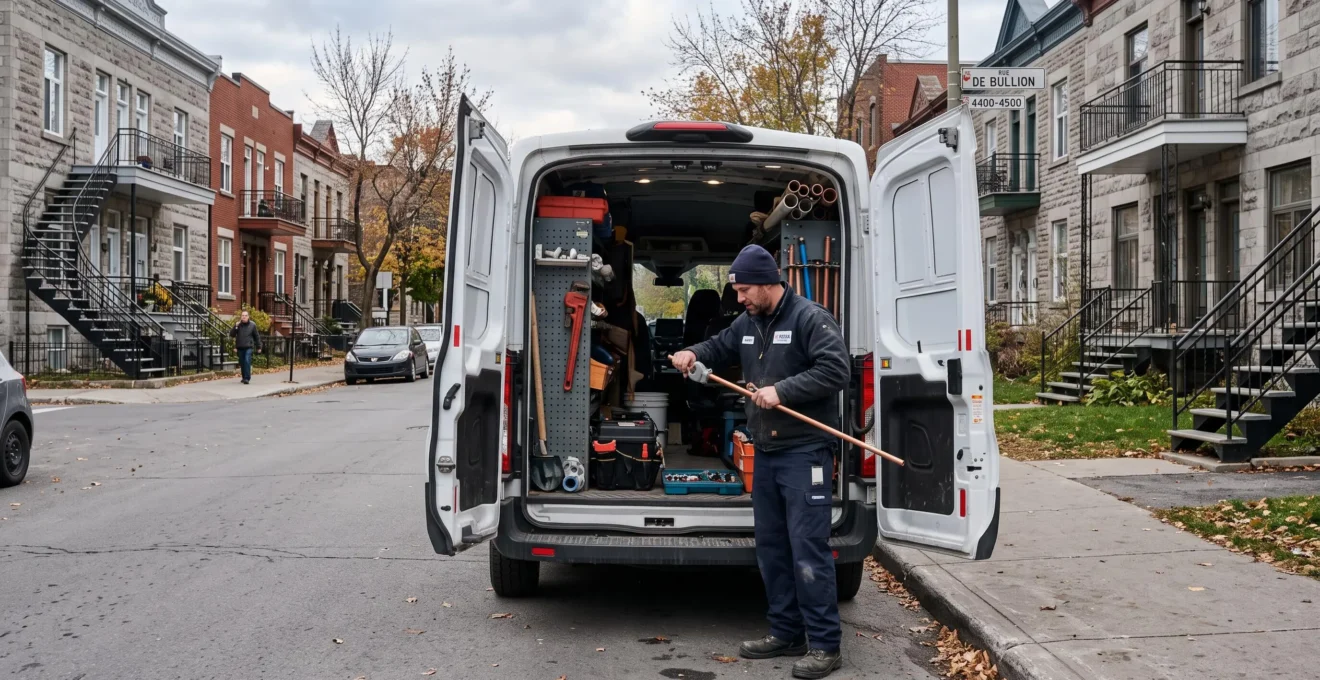 Camion de plomberie professionnel stationné devant une résidence montréalaise avec plombier préparant son équipement