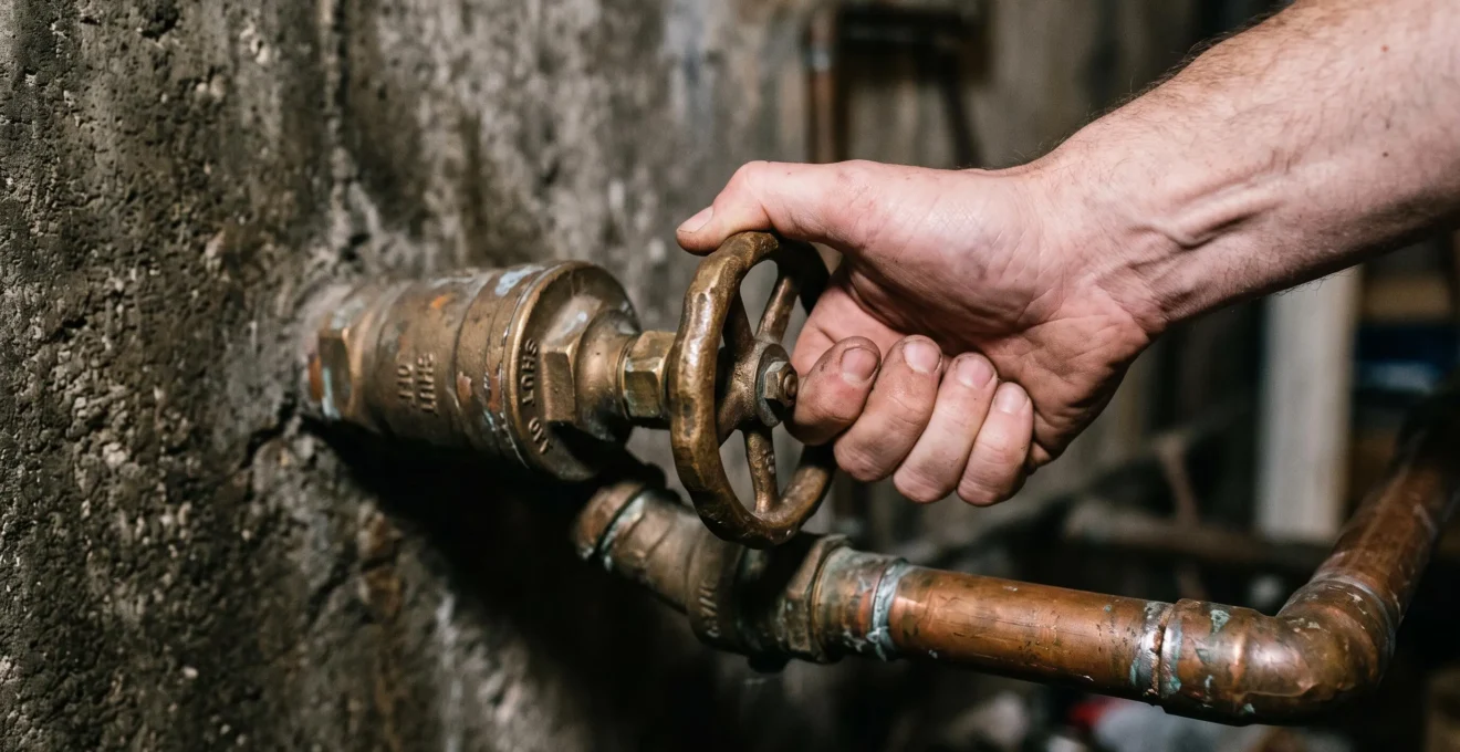 Main fermant la valve d'arrêt principale d'eau sur un mur de sous-sol