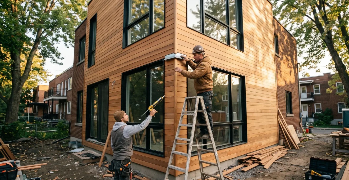 Deux ouvriers finalisent la pose des fenêtres et du revêtement d'une extension de maison en fin de chantier.