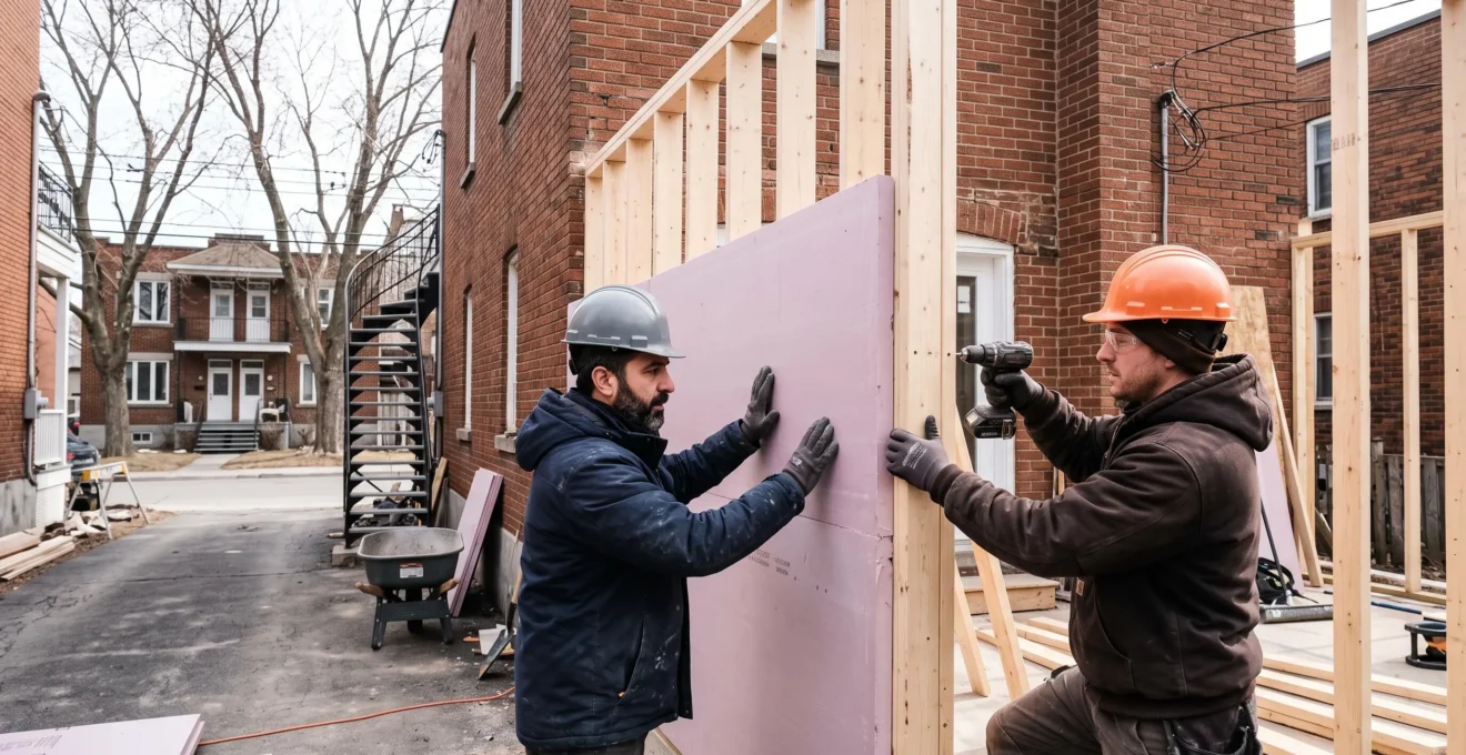 Deux ouvriers construisent une extension de maison en bois isolé, accolée à un duplex de briques typique de Montréal.