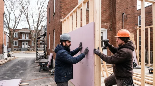 Deux ouvriers construisent une extension de maison en bois isolé, accolée à un duplex de briques typique de Montréal.