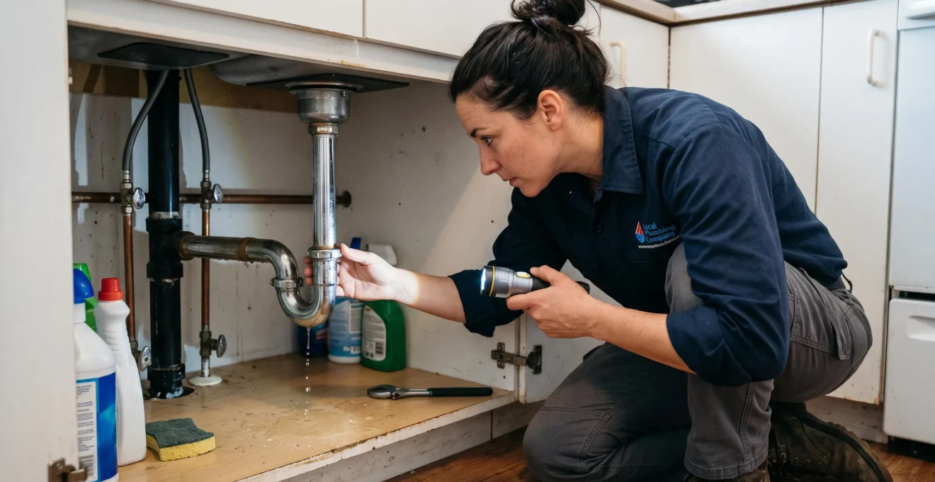 Plombier inspectant un raccord de tuyau qui fuit sous un lavabo résidentiel avec une lampe de poche