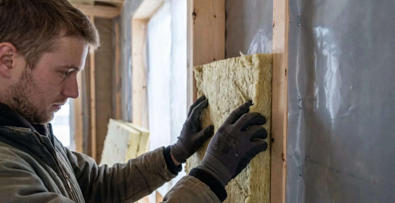 Gros plan sur un ouvrier insérant un panneau d'isolant minéral entre les montants en bois d'un mur en construction.