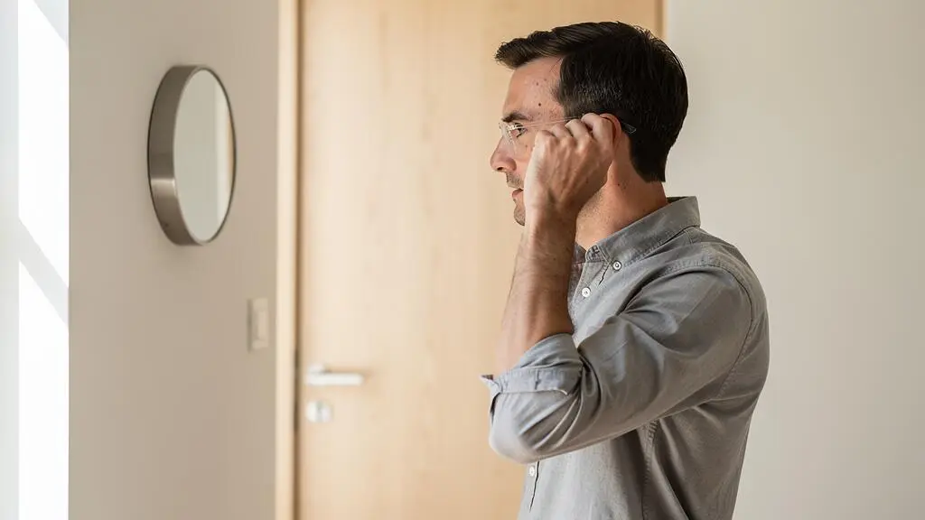 Un homme ajuste ses lunettes transparentes devant un miroir dans une entrée lumineuse.