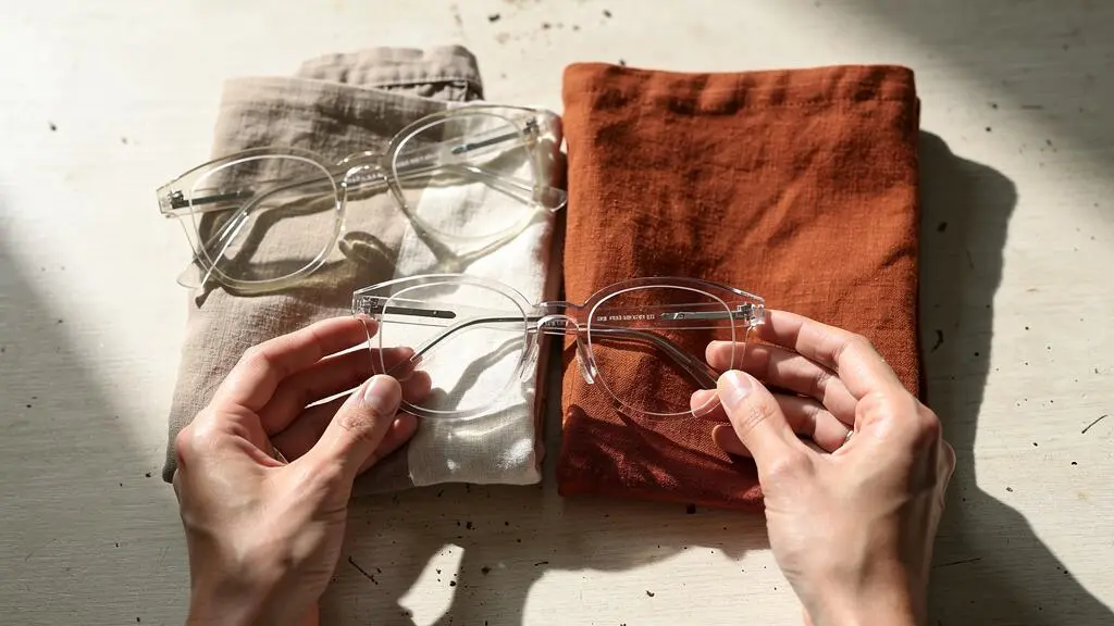 Des mains rangent des lunettes transparentes à côté de vêtements aux couleurs variées.