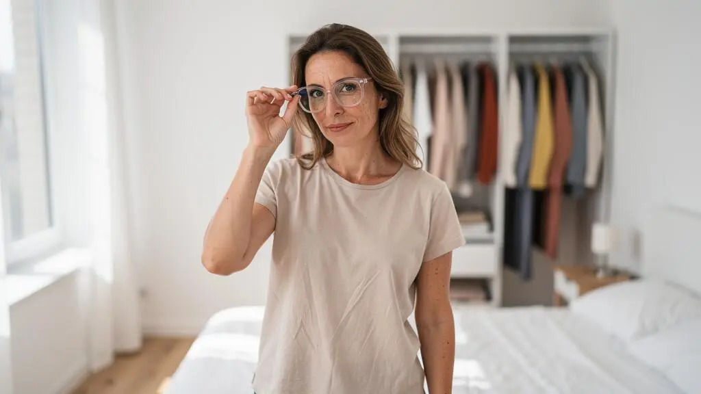 Une femme tient des lunettes à monture transparente devant sa garde-robe lumineuse.