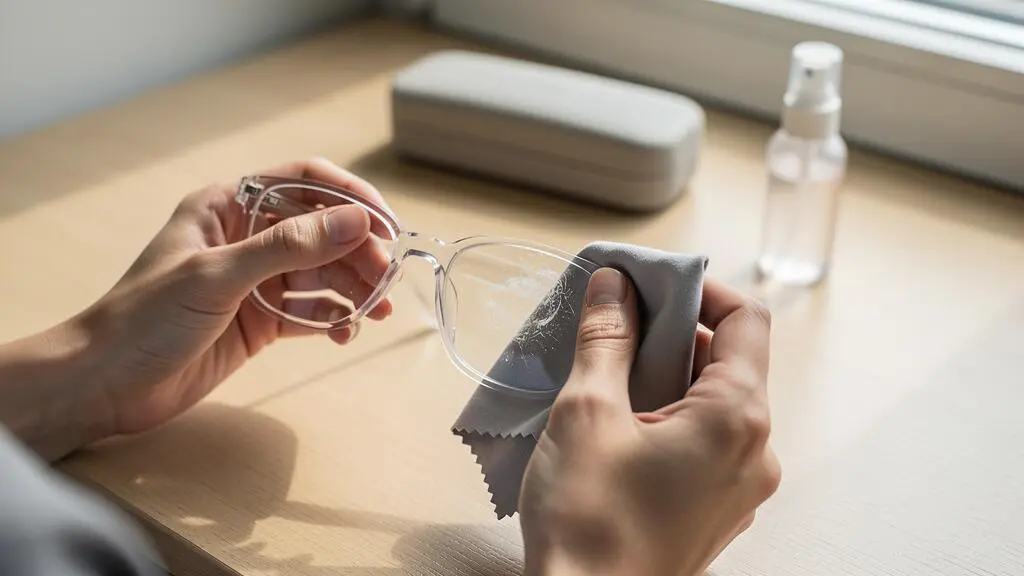 Une personne essuie ses lunettes transparentes avec un chiffon microfibre au bureau.
